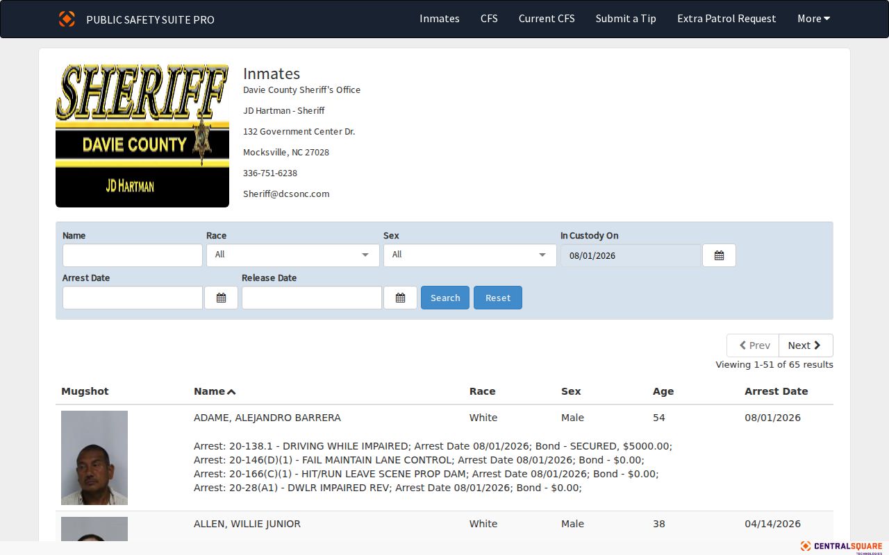 Davie County arrest search fields in the official inmate roster
