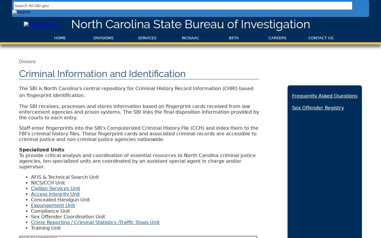North Carolina SBI repository for Davie County criminal history